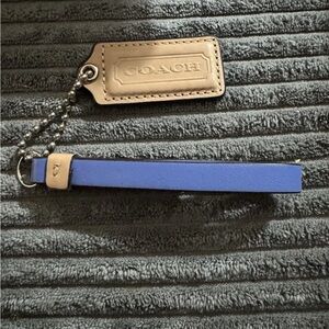 Coach 2 Piece Beige Leather Fob Hang tag Charm Keychain & Blue Wristlet Strap